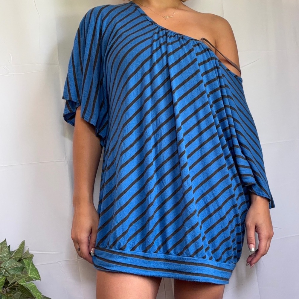 Y2K Club Party Dress Striped Off Shoulder Dolman Sleeve Banded Hem Tunic Top XL